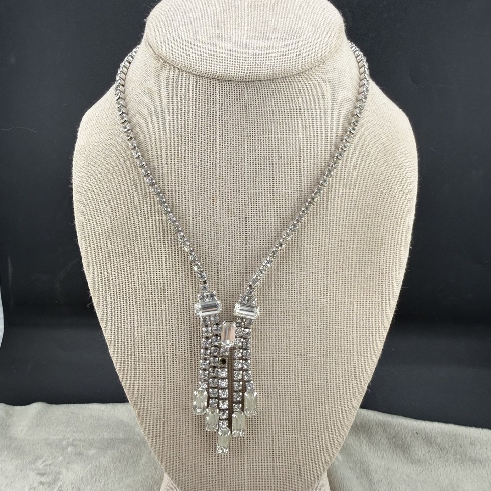 Vintage Estate Necklace Silver Tone Rhinestone Waterfall Art Deco Style 16"
